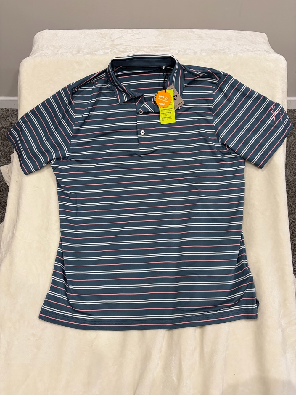 Puma Navy Polo with White and Pink Stripes